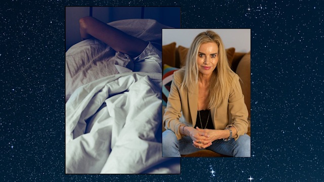 Collage of a blonde woman and a woman struggling to sleep on a starry background 