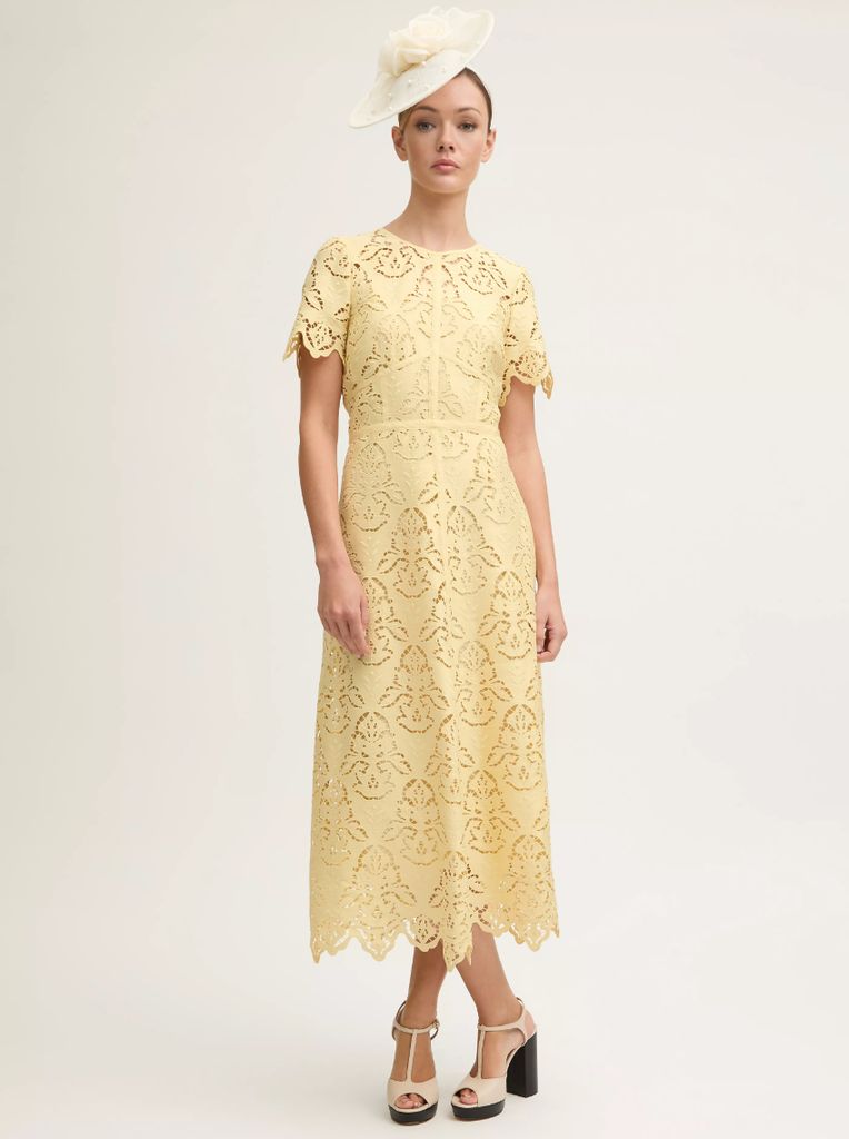 LK Bennett Georgia Italian Straw Lace Yellow Midi Dress