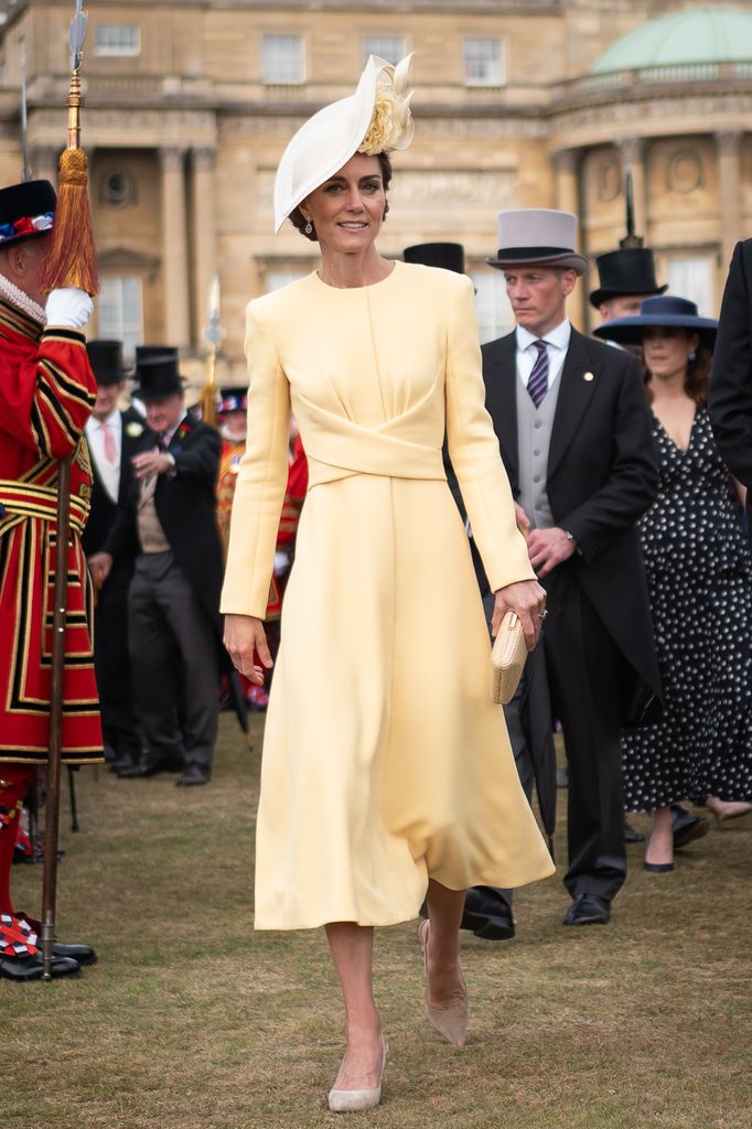 Catherine, Princess of Wales greets guests during a Royal Garden Party at Buckingham Palace on May 20, 2025 in London