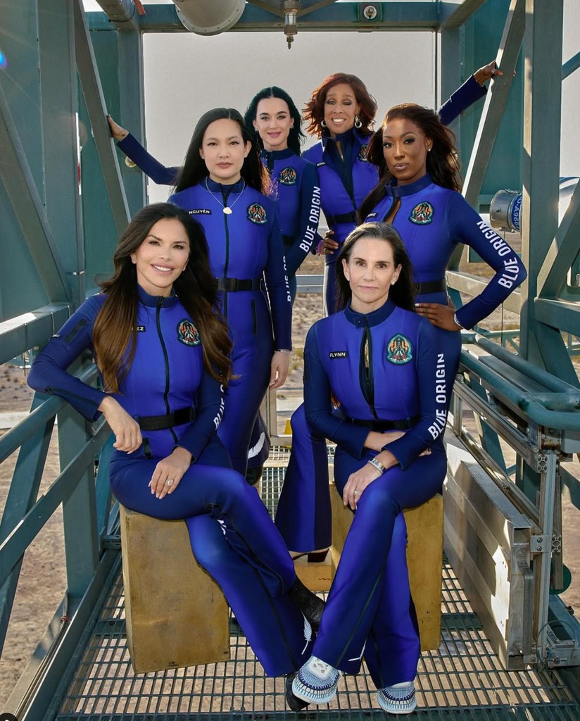 Photo shared by Blue Origin on Instagram of crew including Katy Perry and Lauren Sanchez