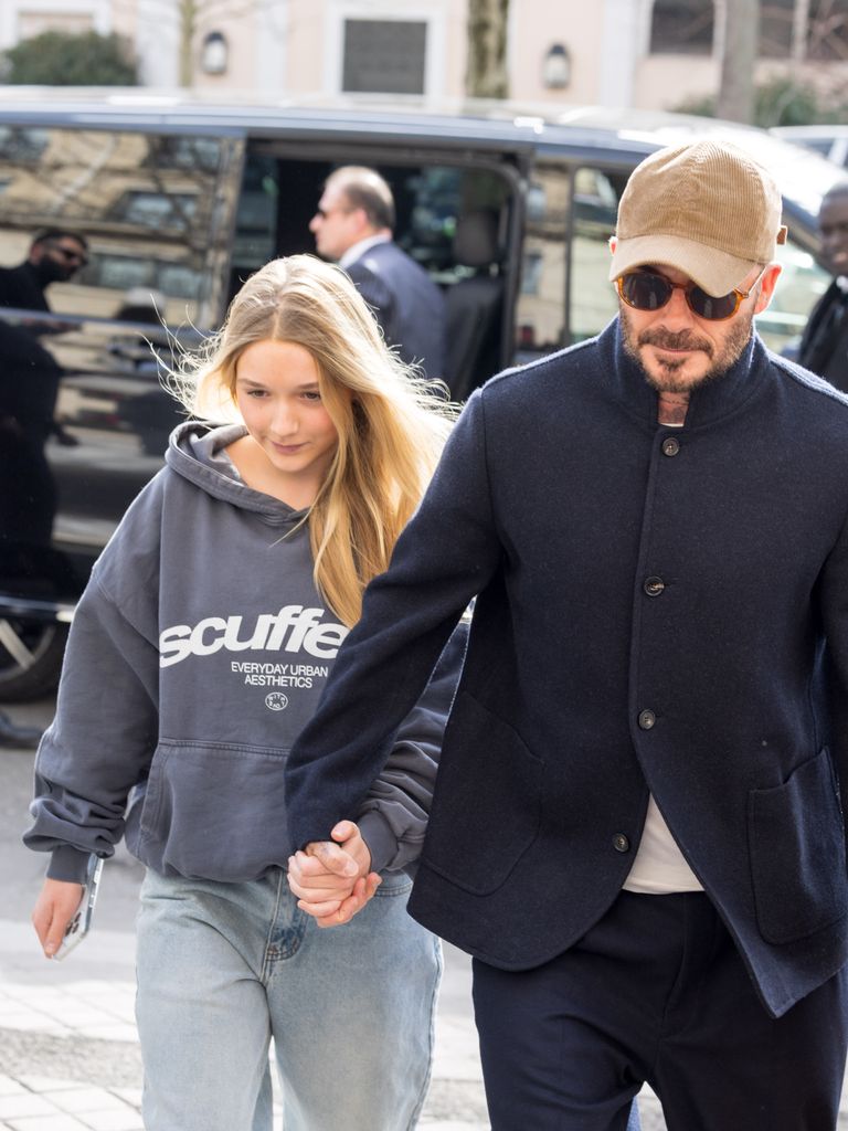 Harper Beckham and David Backham seen during the  Womenswear Fall/Winter 2025/2026 as part of Paris Fashion Week 