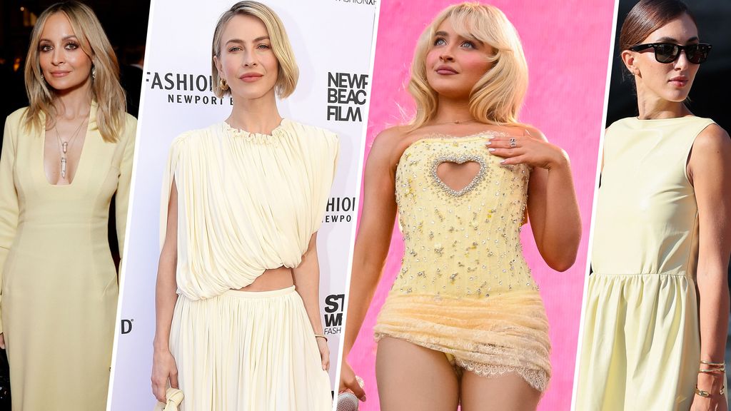Celebrities wearing mellow yellow dresses, left to right: Nicole Richie, Julianna Hough, Sabrina Carpenter, Ludovica Ragazzo