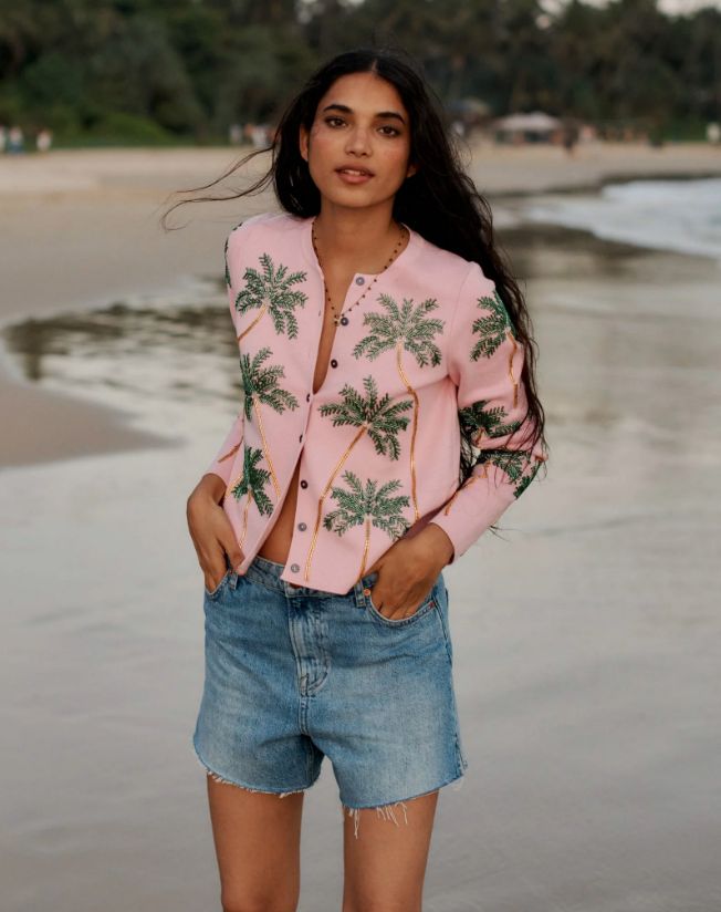 Boden Palm Print Embellished Cardigan