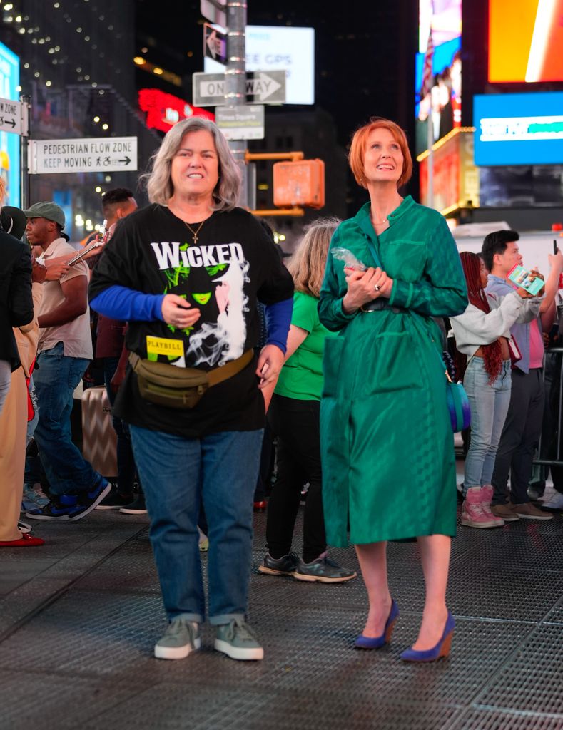 Rosie O'Donnell and Cynthia Nixon are seen filming on location for "And Just Like That" in Times Square on May 31, 2024 in New York City.
