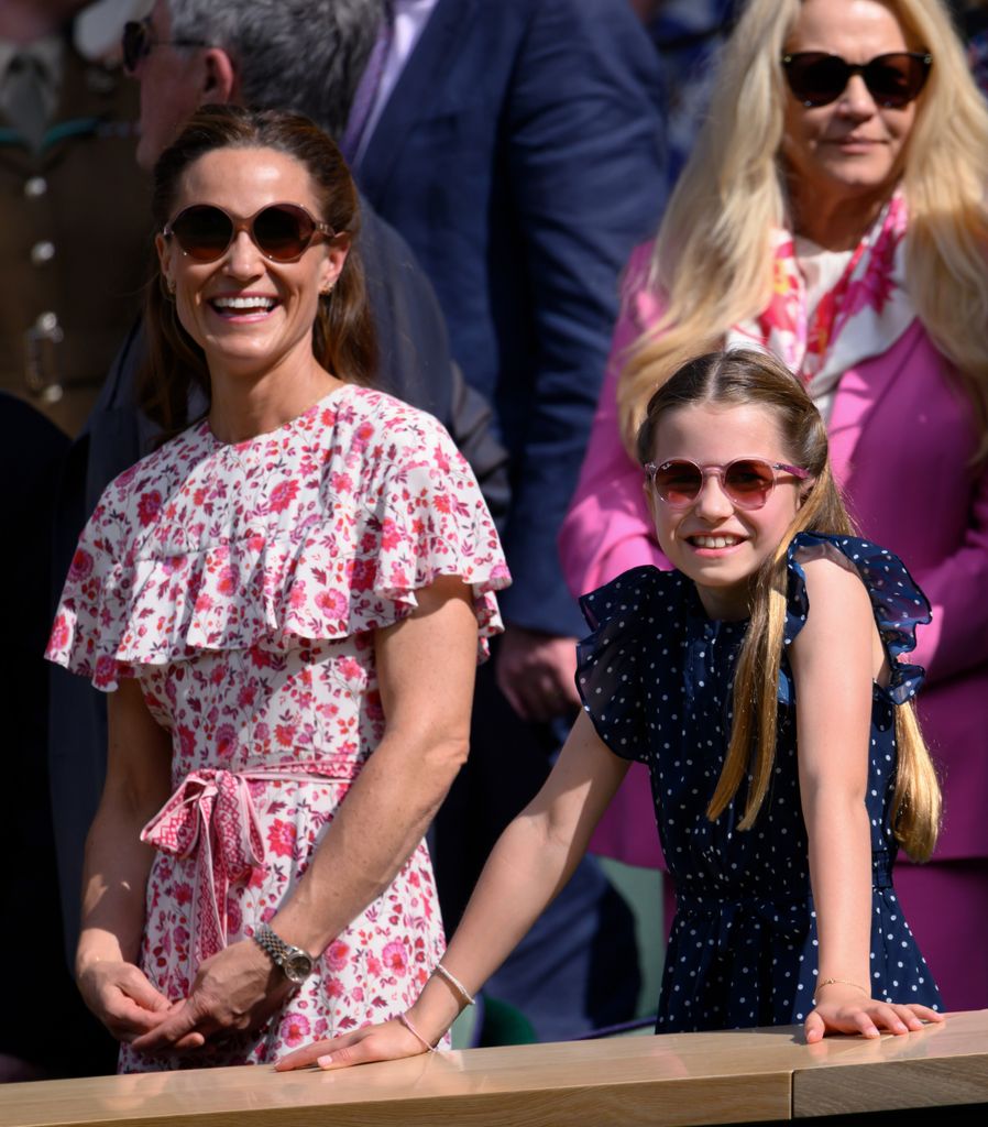 Pippa Middleton and Princess Charlotte of Wales court-side of Centre Court during the men's final on day fourteen of the Wimbledon Tennis Championships at the All England Lawn Tennis and Croquet Club on July 14, 2024 in London, England