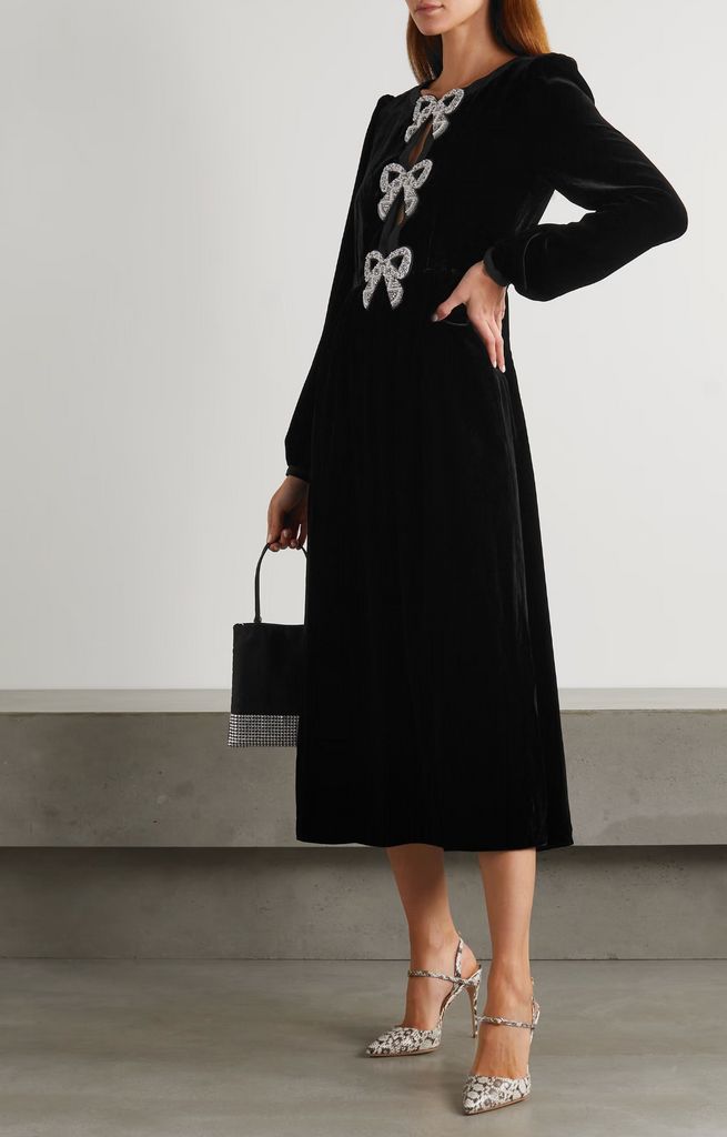 Saloni Camille bow-embellished velvet midi dress