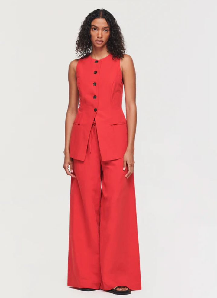 Aligne's red longline waistcoat is a great statement piece