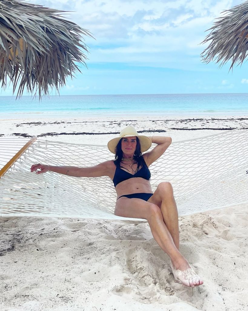 Brooke Shields poses in a bikini for a photo celebrating her 60th birthday on an island, shared on Instagram