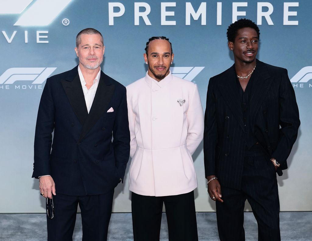 Brad Pitt, Lewis Hamilton and Damson Idris attend the Apple Original Films & Warner Bros. Pictures "F1" World Premiere in Times Square on June 16, 2025 in New York City