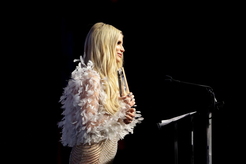 Jessica Simpson accepts the Icon Award onstage during the 2023 Footwear News Achievement Awards at Cipriani South Street on November 29, 2023 in New York City