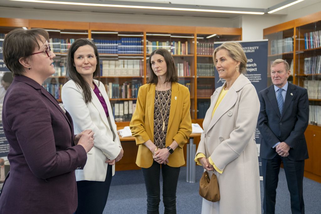 The Duchess of Edinburgh, Patron of Race Against Dementia, during a visit to Edinburgh Neuroscience, wearing a yellow dress and carrying a Prada bag.