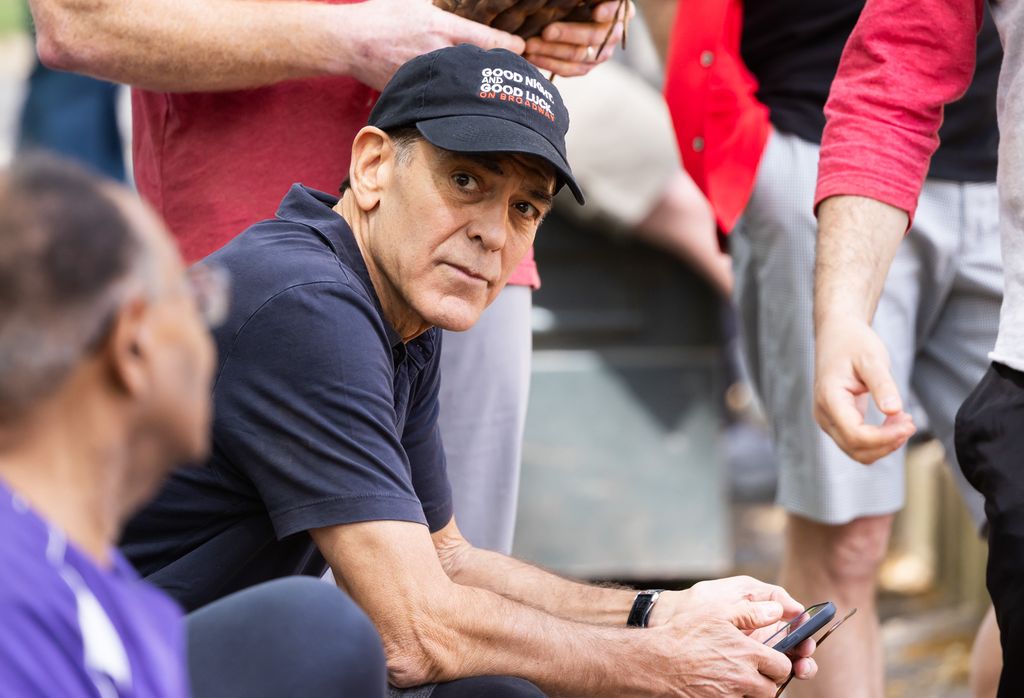 George Clooney is seen playing in the Broadway League Softball Game in Central Park for the stage adaptation of "Good Night and Good Luck" on May 01, 2025 in New York City
