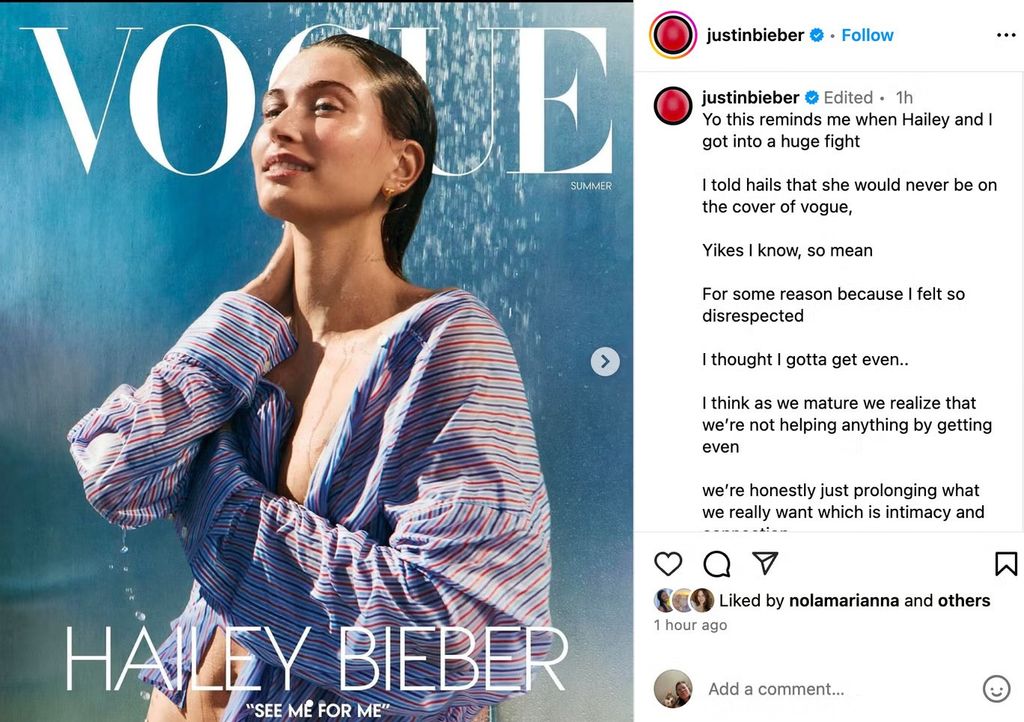 hailey beiber vogue cover on justin bieber instagram page