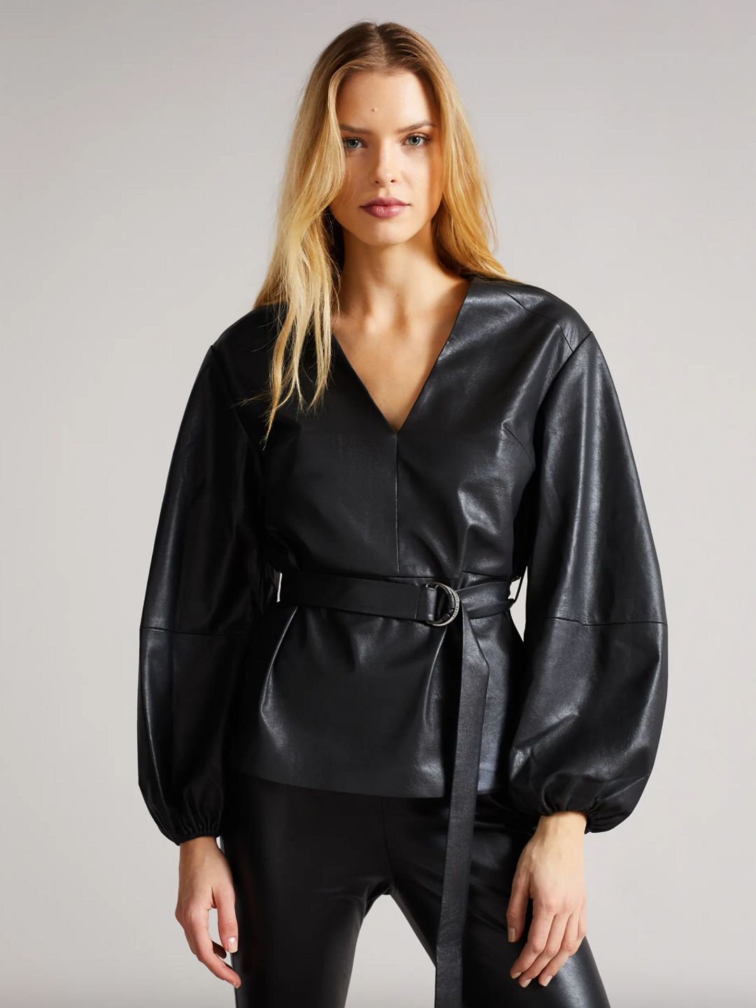 Onari PU V-Neck Belted Top