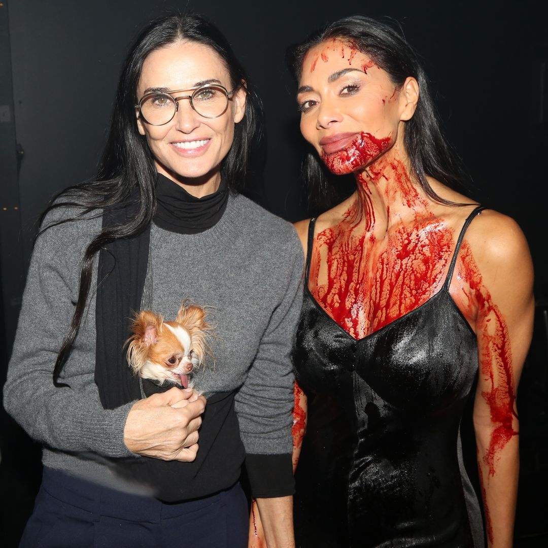 Demi Moore, Pilaf the dog and Nicole Scherzinger as "Norma Desmond" pose backstage at the Jamie Lloyd production of Andrew Lloyd Webber's "Sunset Blvd" on Broadway at The St. James Theatre on October 16, 2024 in New York City