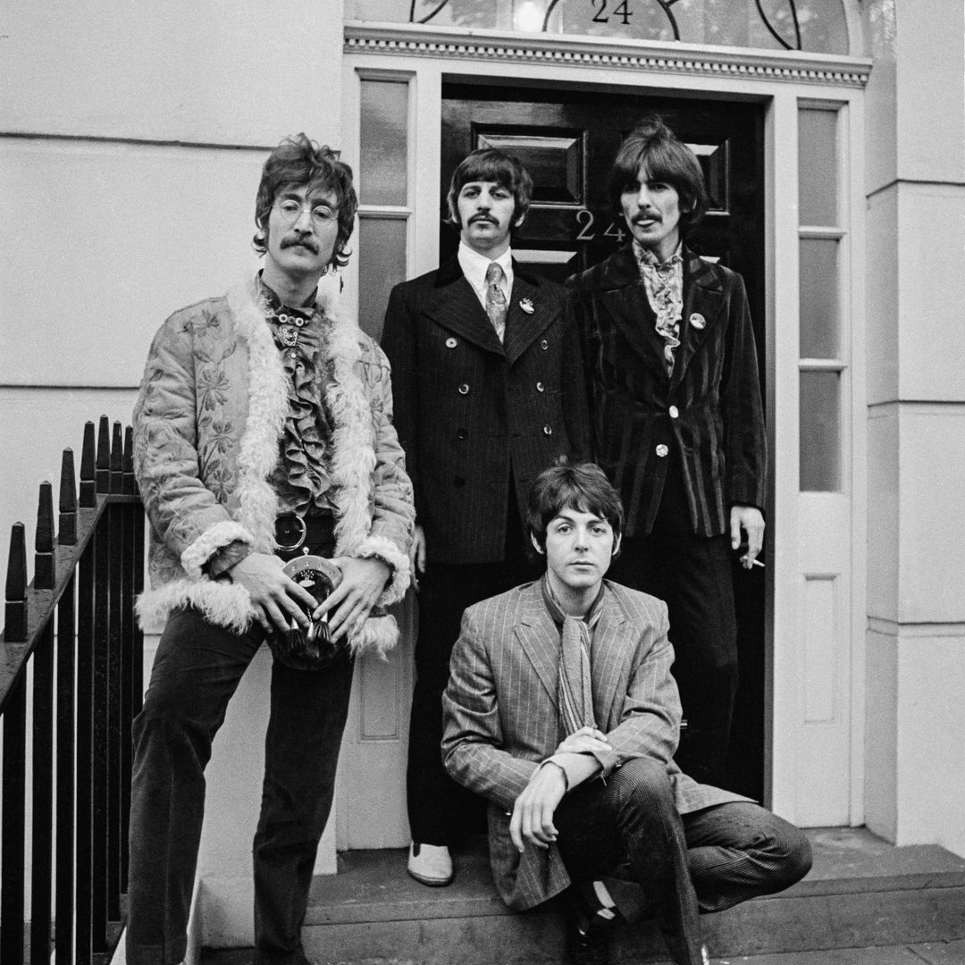The Beatles posing for a group photo, London, May 19th 1967. The band were standing outside former manager Brian Epstein's house to promote the release of "Sgt Pepper's Lonely Hearts Club Band".